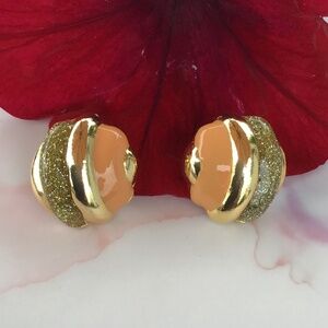 Vintage Earrings Gold Tone Glimmer & Peach Color 1980’s Pierced Domed Button